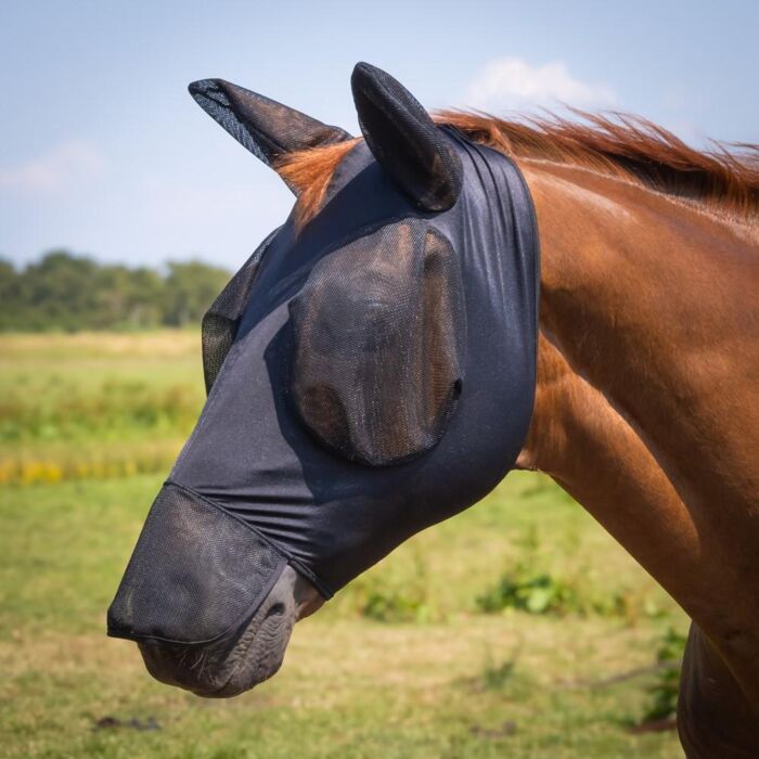 Vliegenmasker Harry's Horse Skinfit met oren en neusstuk Zwart S